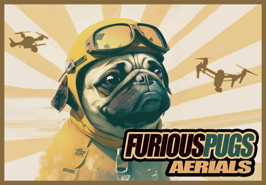 Furious Pugs Aerials poster: a pug in a yellow flight helmet and goggles, with drones in a sunburst