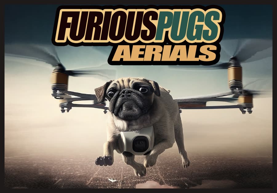 Furious Pugs Aerials poster: a pug flying as a drone, camera slung underneath